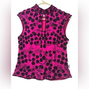 Andretta Donatella Pink Black Beaded Sleeveless Top NWT M Zip Elegant Silk